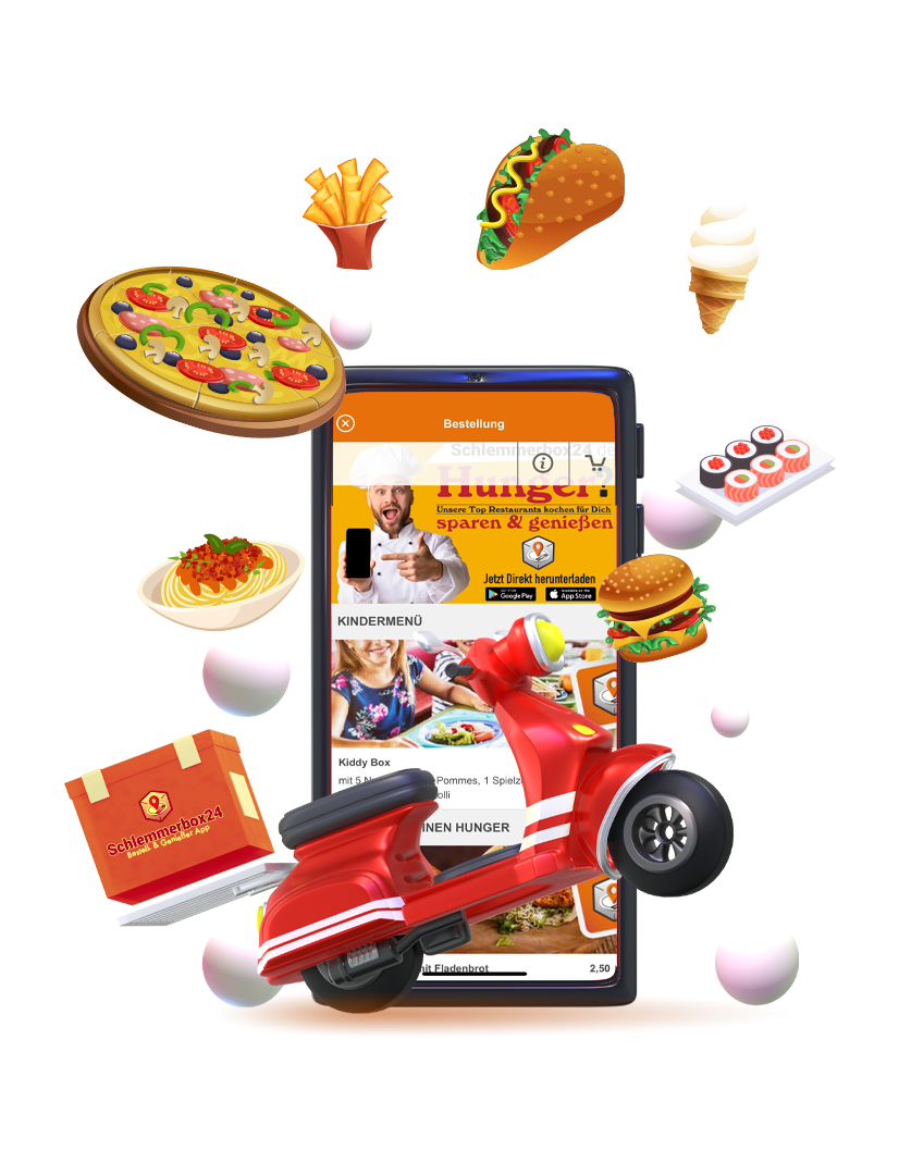Smartphone mit Bestell-App, umgeben von Pizza, Burger und Sushi