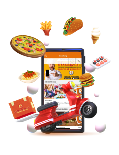 Smartphone mit Bestell-App, umgeben von Pizza, Burger und Sushi